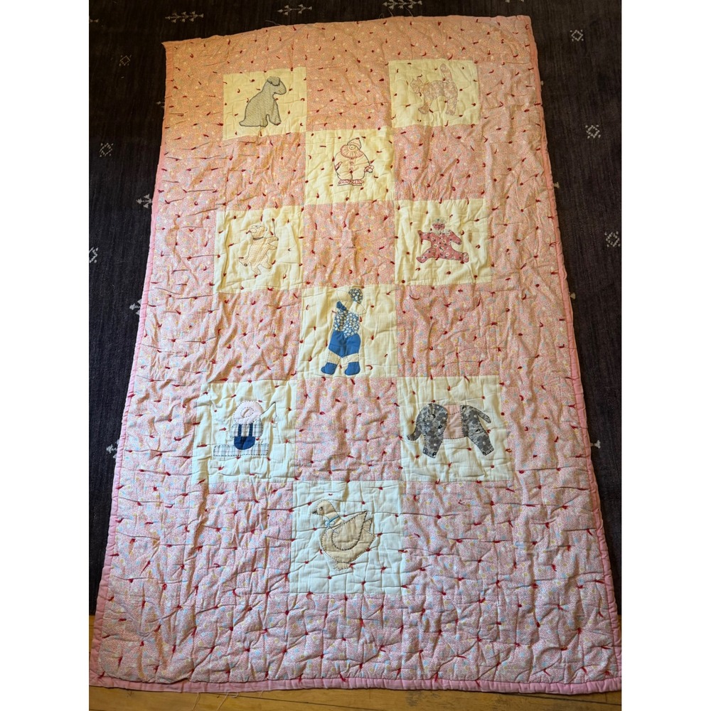 Vintage Handmade small Quilt Pink Patchwork Animal Applique Tie Tufted Blanket